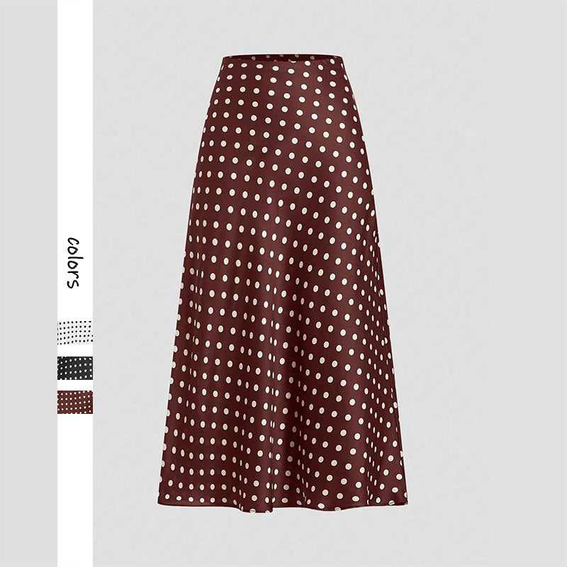 Polka Dot Satin A-Line Skirt Trendy Zip Midi Dress