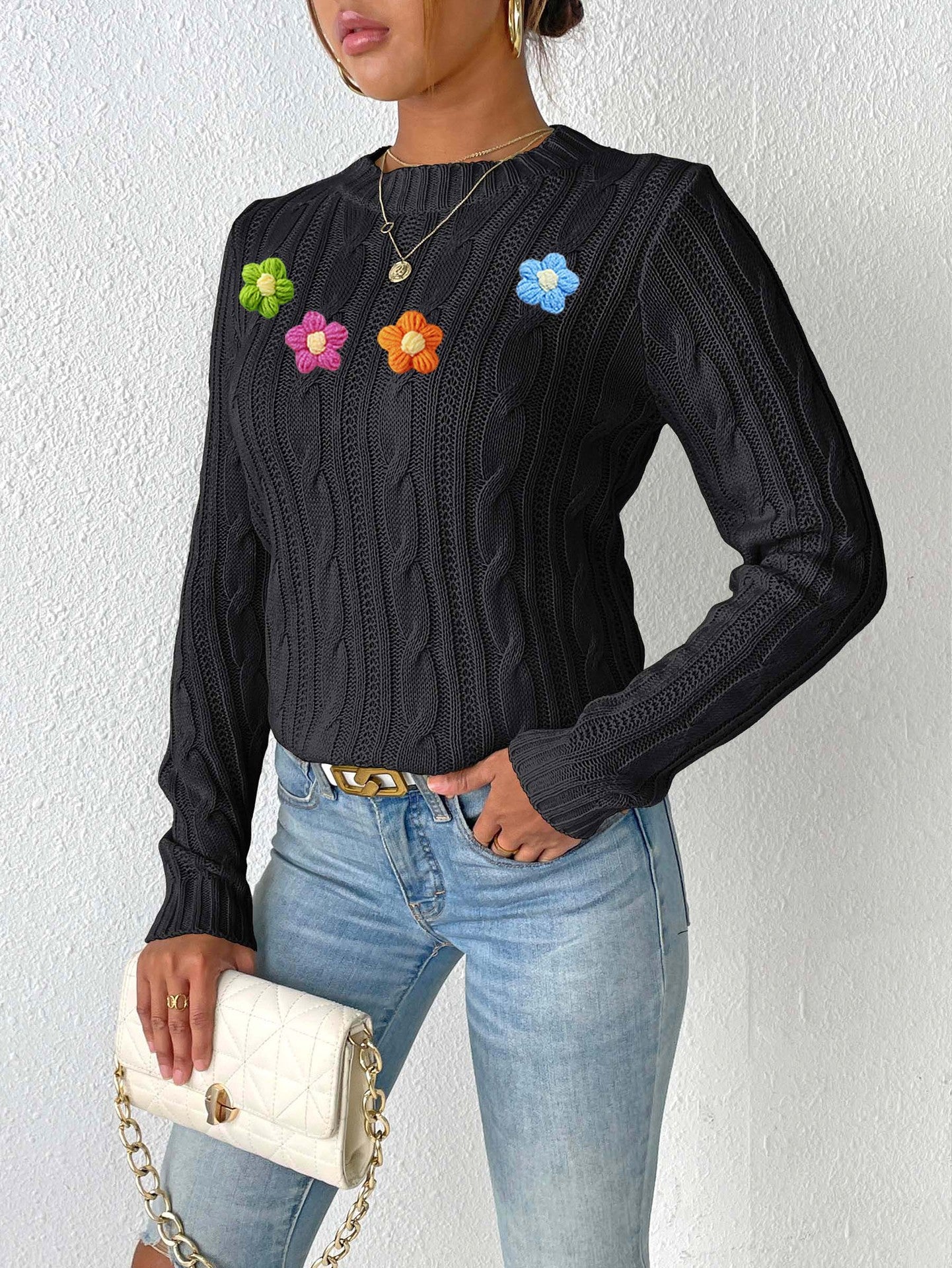 Women's Crew Neck Bottom Shirt Hand Hook Splicing Sweater