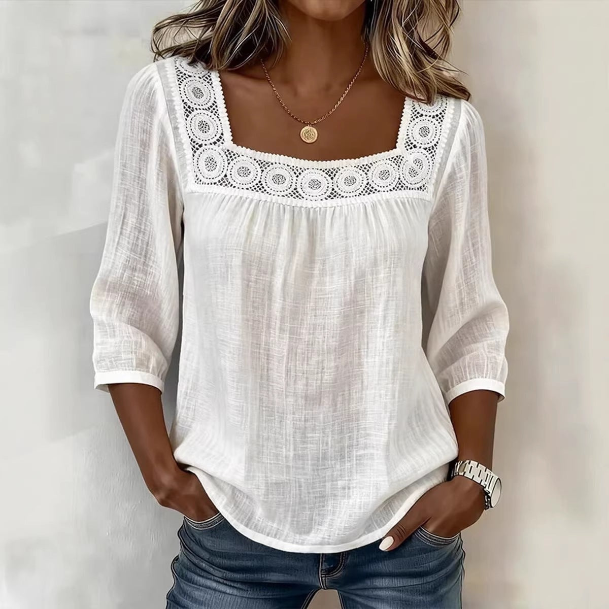 Women's Square Neck Eyelet Lace 3/4 Sleeve Summer Blouse