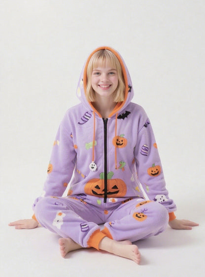 Women's Halloween Pumpkin Hooded Fleece Onesie