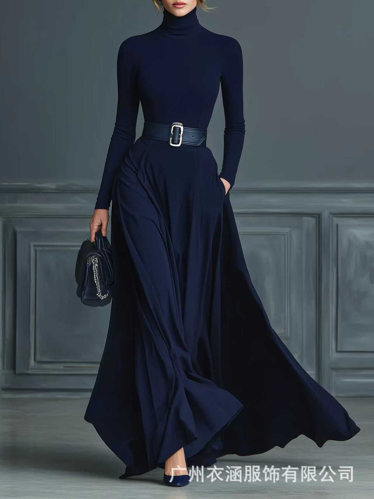 Women's Turtleneck Long Sleeve Fit and Flare Maxi Dress