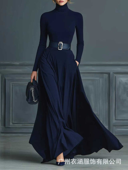 Women's Turtleneck Long Sleeve Fit and Flare Maxi Dress
