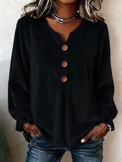 Women's Boho Velvet V-Neck Button Bell Sleeve Blouse