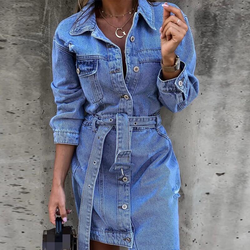 Women's Denim Shirt Dress Long Sleeve Button Front Midi