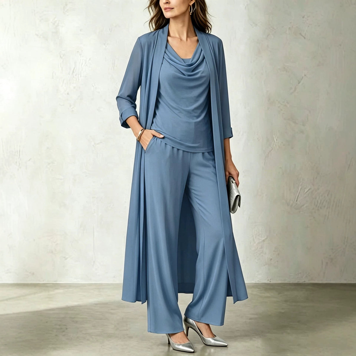 Women's 3 Piece Cowl Neck Top Long Cardigan Pants Set