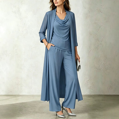 Women's 3 Piece Cowl Neck Top Long Cardigan Pants Set