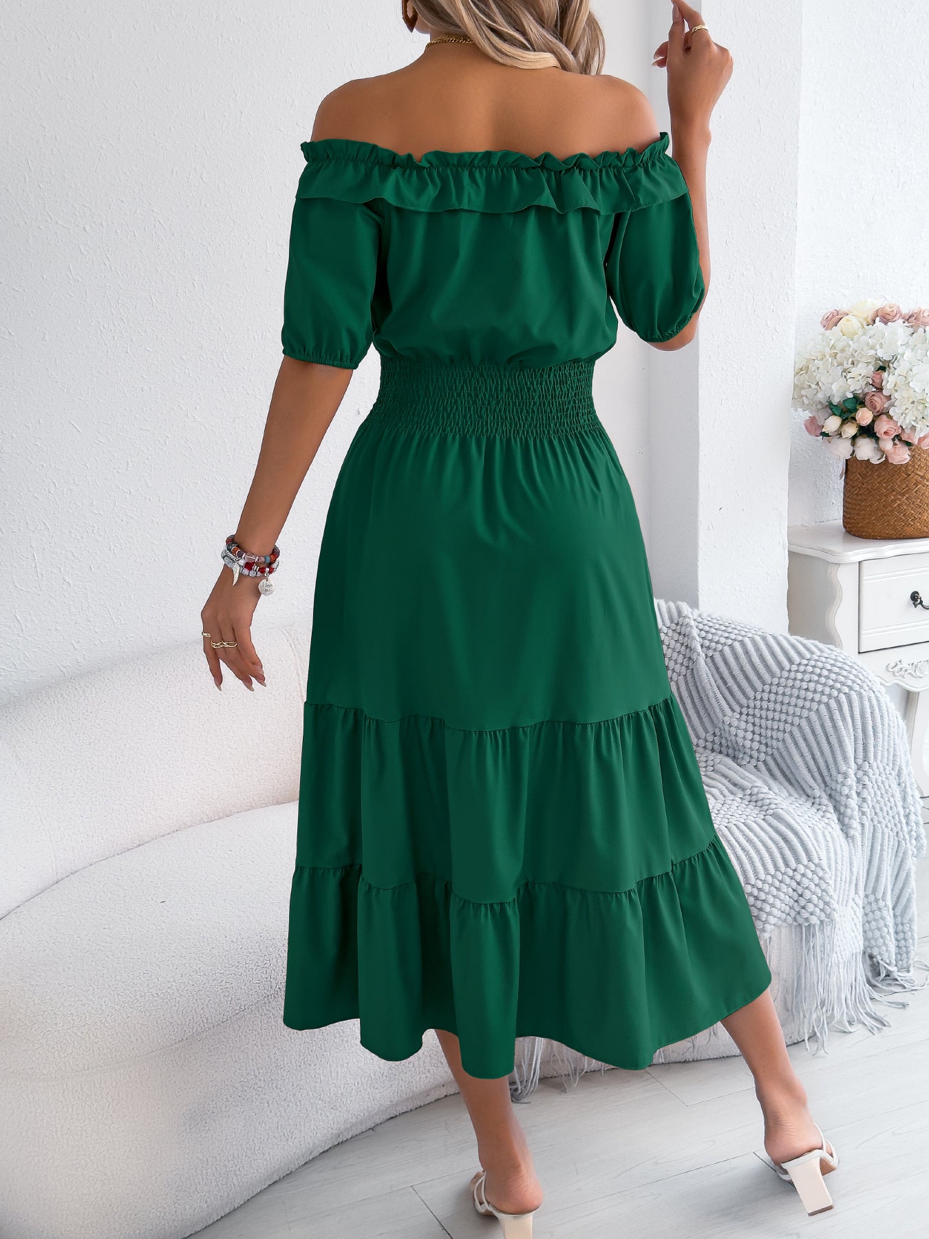 Off Shoulder Smocked Waist Maxi Dress Ruffle Sleeve