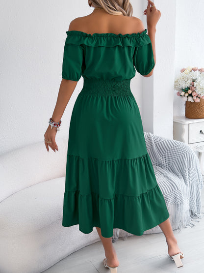 Off Shoulder Smocked Waist Maxi Dress Ruffle Sleeve