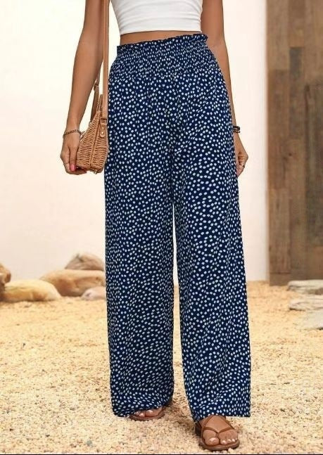 Women's Polka Dot Elastic Waist Wide Leg Casual Pants