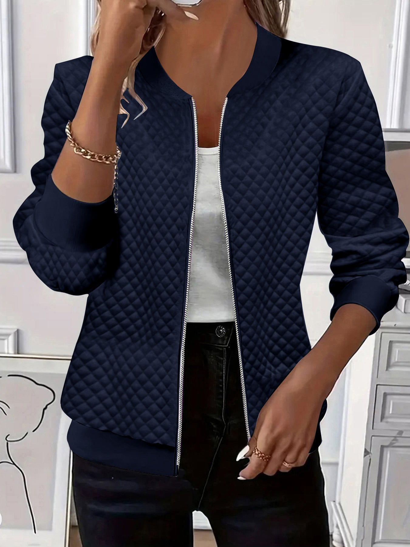 Women Quilted Zip Up Jacket Casual Lightweight Long Sleeve