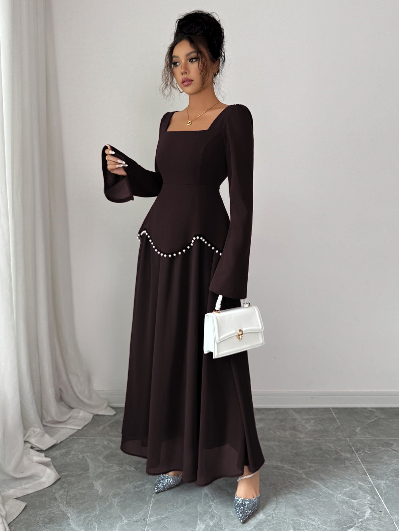 Square Neck Long Sleeve Pearl Trim A-Line Maxi Dress