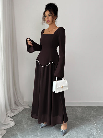 Square Neck Long Sleeve Pearl Trim A-Line Maxi Dress