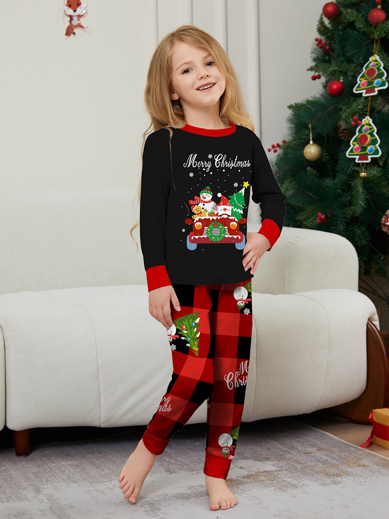 Parent-child Clothing Car Snowman Christmas Tree Print Loungewear Christmas Pajamas