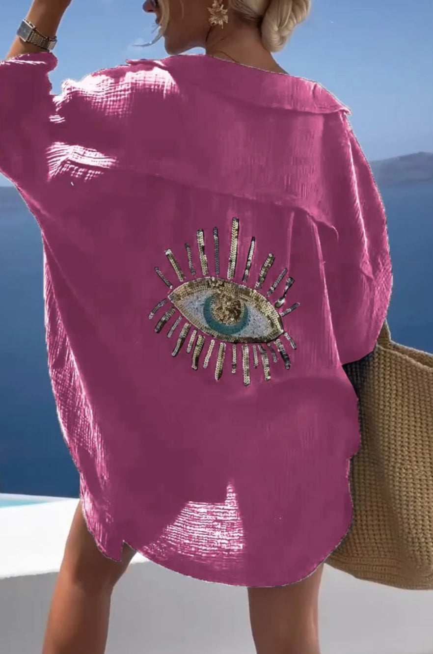 Evil Eye Long Sleeve Oversized Button Down Shirt