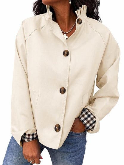 Women's Ruffle Stand Collar Button Front Jacket