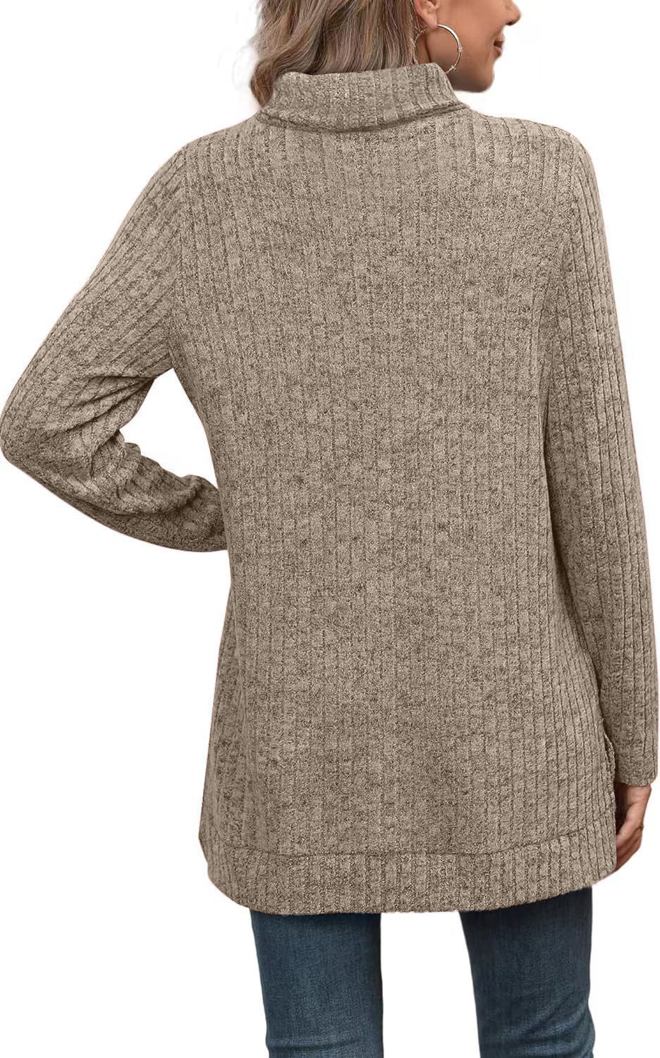 Oversized Ribbed Turtleneck Tunic Top Side Split