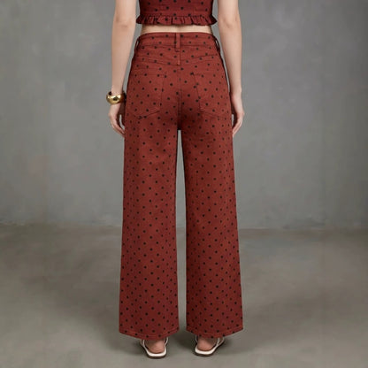 Women's Polka Dot High Waist Wide Leg Washed Denim Jeans