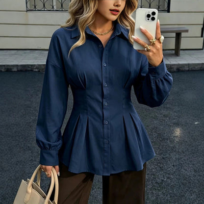 Women's Cotton Peplum Blouse Pleated Button Down Shirt