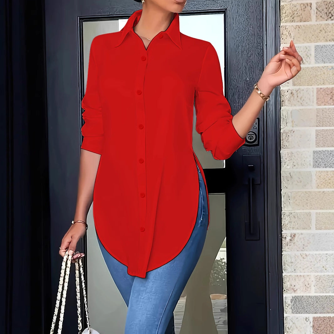 Women's Split Hem Long Sleeve Button Down Tunic Shirt