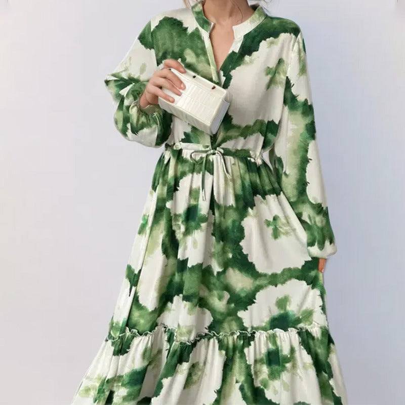 Women's V-Neck Floral Long Sleeve Tiered Maxi Dress