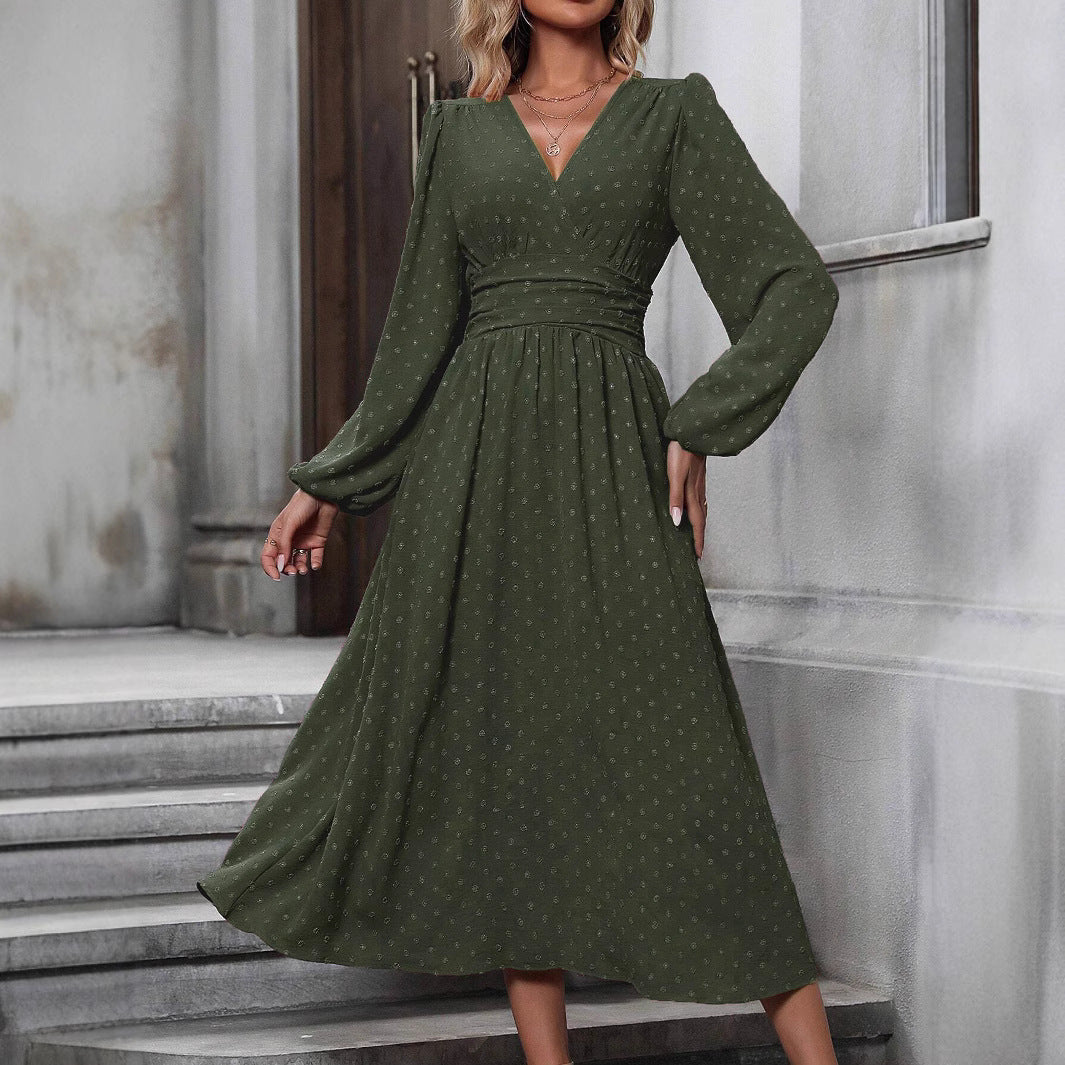 V-Neck Balloon Sleeve Maxi Dress Smocked High Waist A-Line