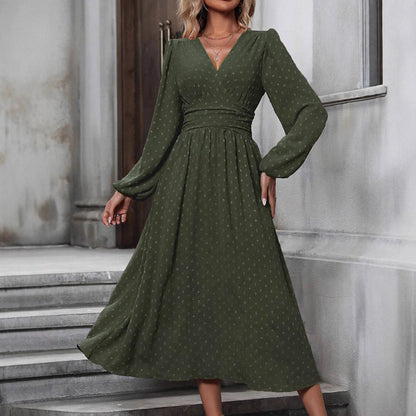 V-Neck Balloon Sleeve Maxi Dress Smocked High Waist A-Line