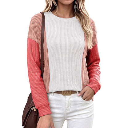Color Block Waffle Knit Long Sleeve Crew Neck Top