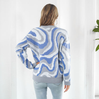 Women's Oversized Abstract Wave Crew Neck Sweater