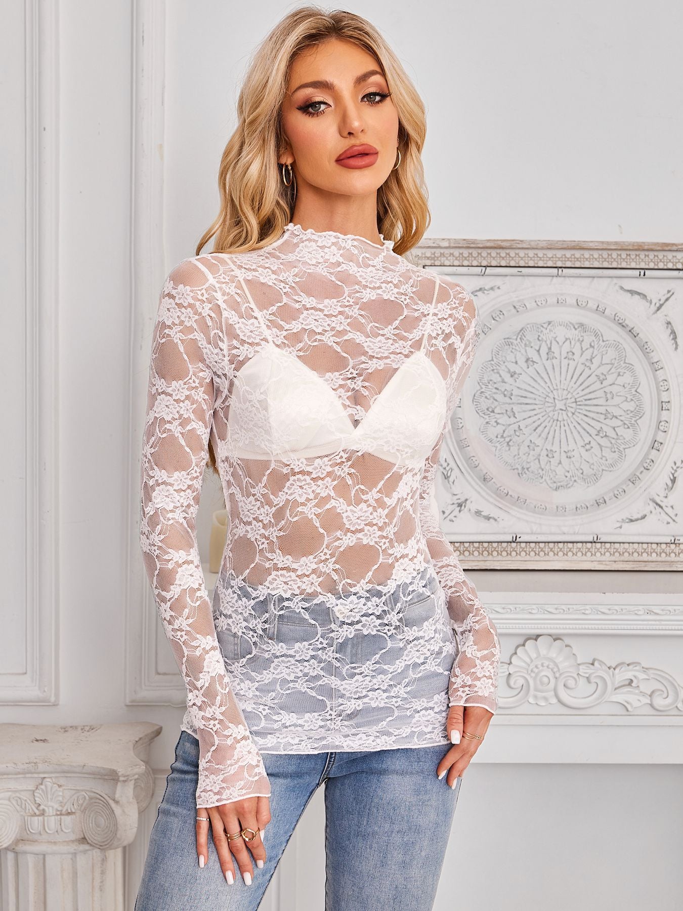 Lace Mesh Long Sleeve Top Sheer Floral Layering Blouse