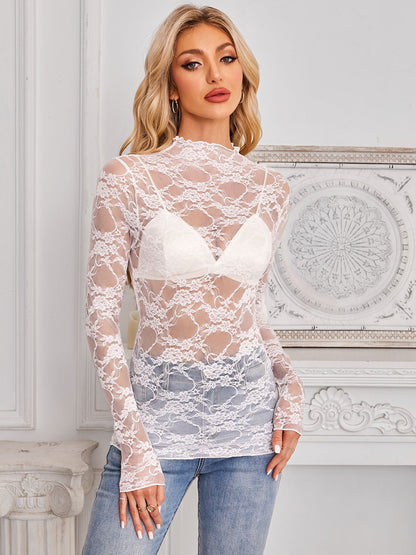 Lace Mesh Long Sleeve Top Sheer Floral Layering Blouse
