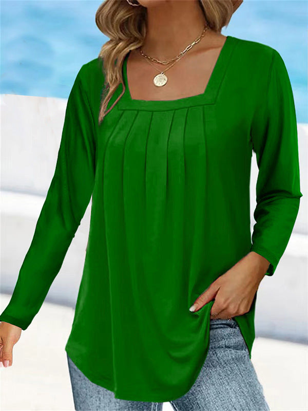 Women's Square Neck Pleated Long Sleeve Tunic Top
