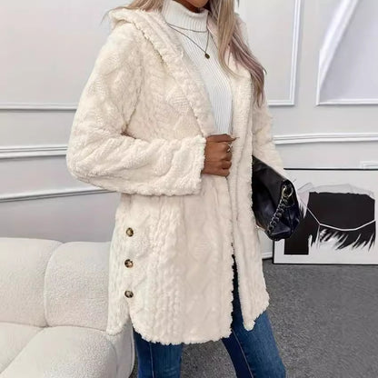 Textured Faux Fur Hooded Jacket Longline Coat