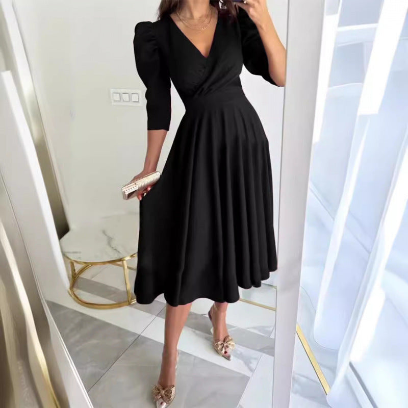 Women's V-Neck Puff Sleeve Ruched A-Line Midi Dress