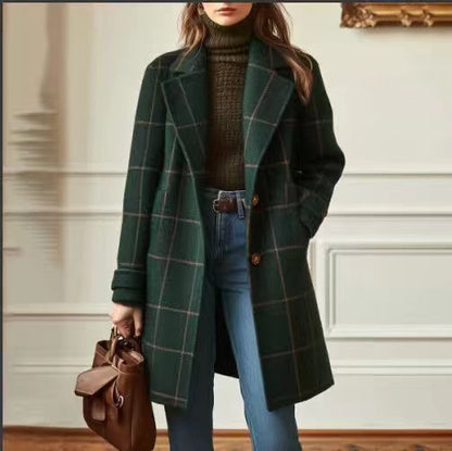 Women's Plaid Wool Coat Vintage Long Lapel Jacket