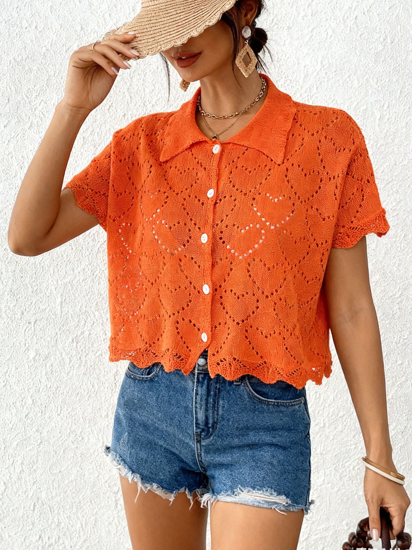 Crochet Heart Knit Button Front Cardigan Beach Cover Up