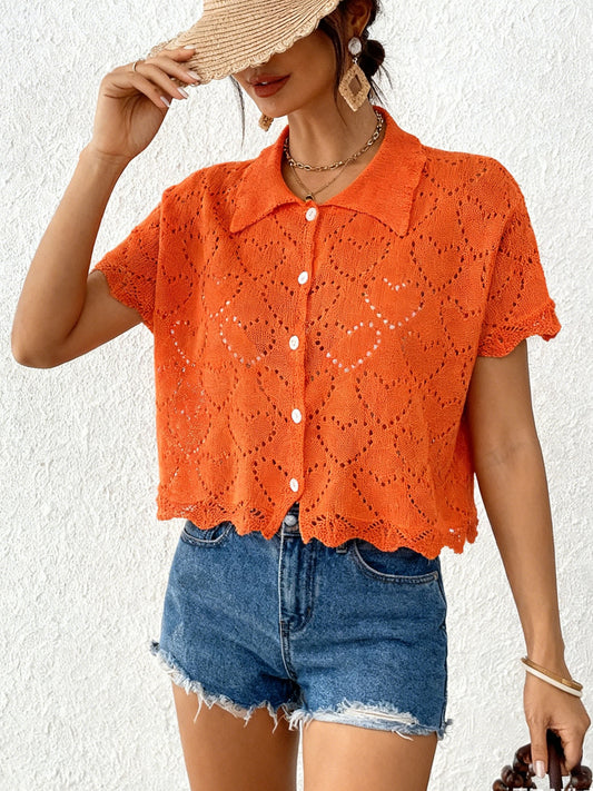 Crochet Heart Knit Button Front Cardigan Beach Cover Up