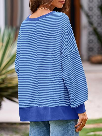 Oversized Waffle Knit Striped Crewneck Side Slit Pullover