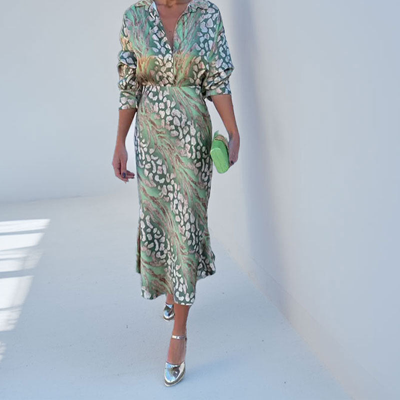 Abstract Satin V-Neck Blouse Midi Skirt Set