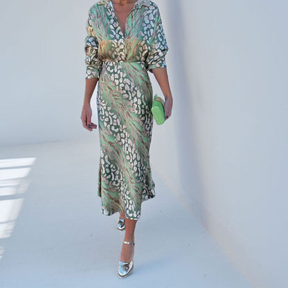 Abstract Satin V-Neck Blouse Midi Skirt Set