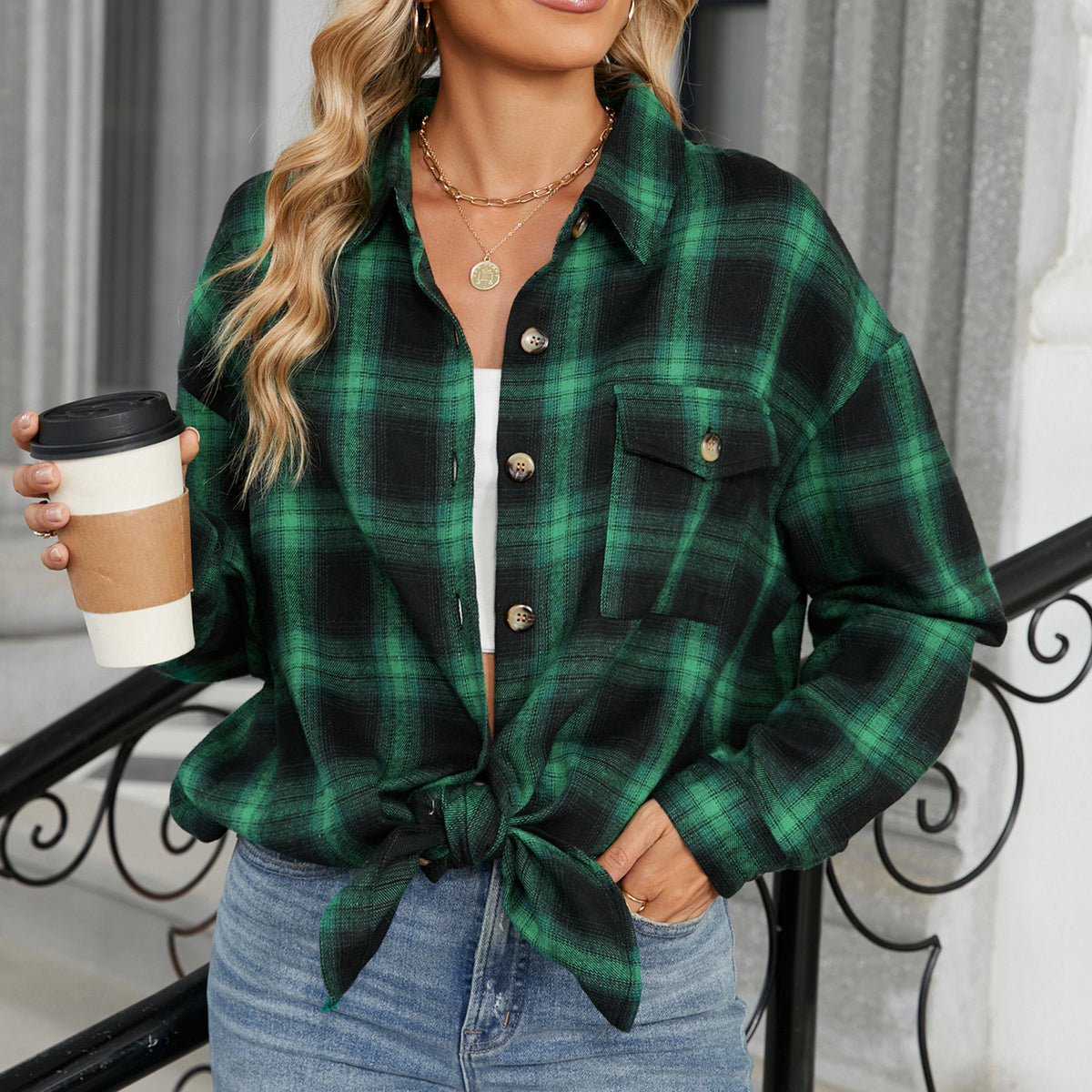 Women's Oversized Plaid Shacket Long Sleeve Button Up