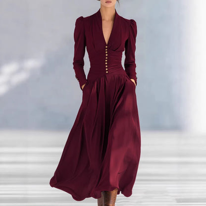 Elegant Satin V-Neck Puff Sleeve Ruched Formal Maxi Dress