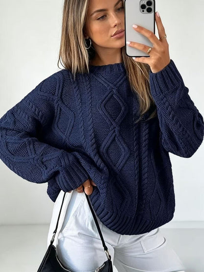 Womens Oversized Cable Knit Crew Neck Pullover Sweater