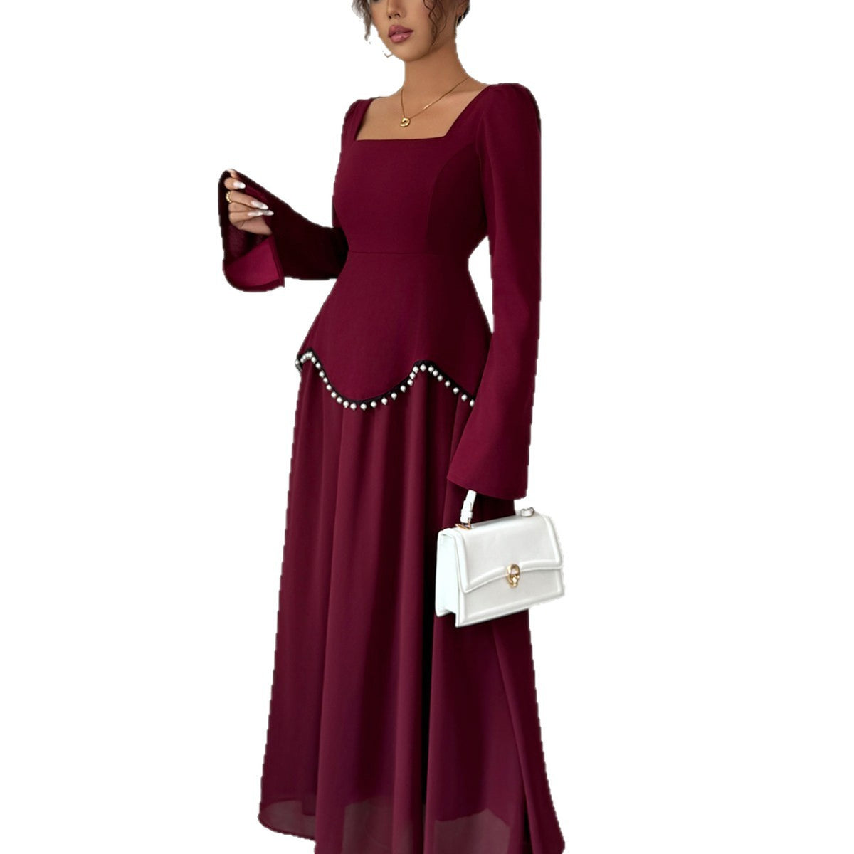Square Neck Long Sleeve Pearl Beaded Mesh Maxi Dress