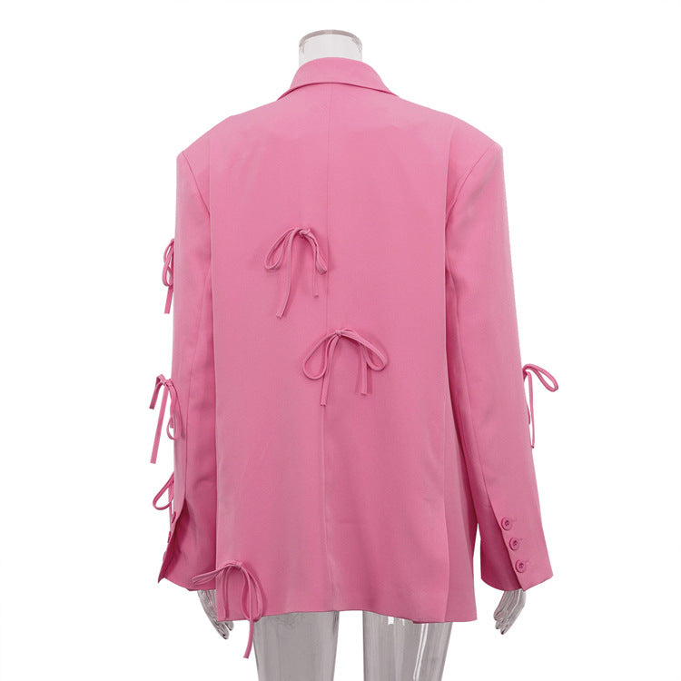 Women's Pink Bow Detail Oversized Casual Blazer