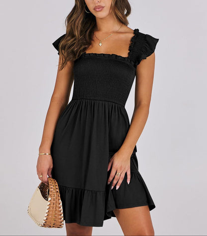 Smocked Square Neck Ruffle Sleeve Midi Dress