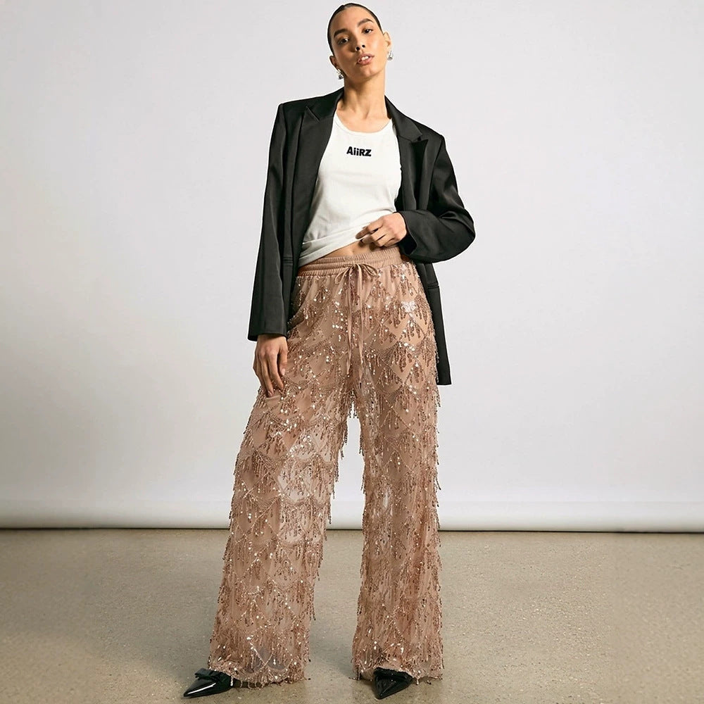 Women Sequin Fringe Mesh Wide Leg Pants