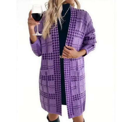 Women's Houndstooth Long Oversized Open Front Cardigan