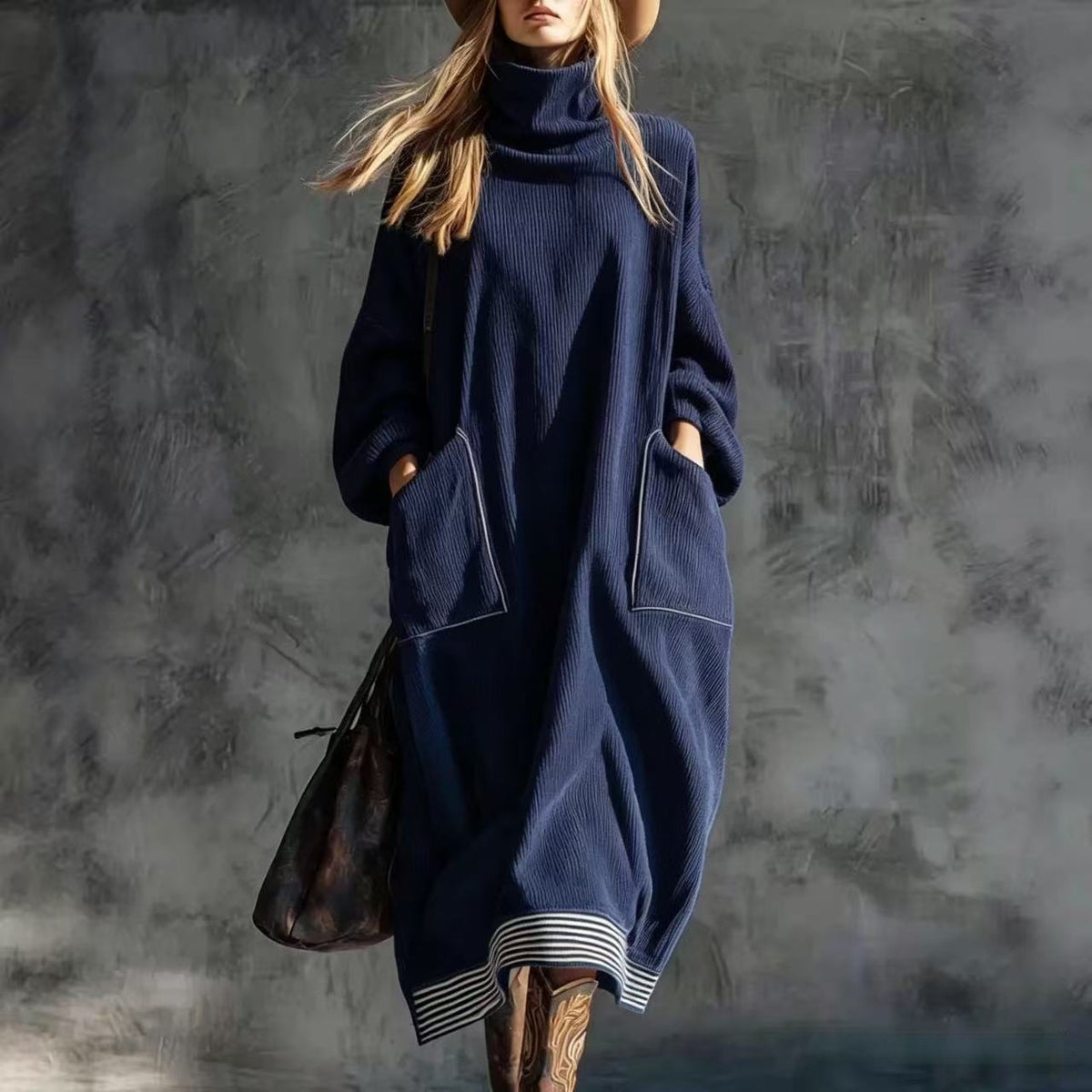 Women's Corduroy Turtleneck Maxi Dress Long Sleeve Pockets