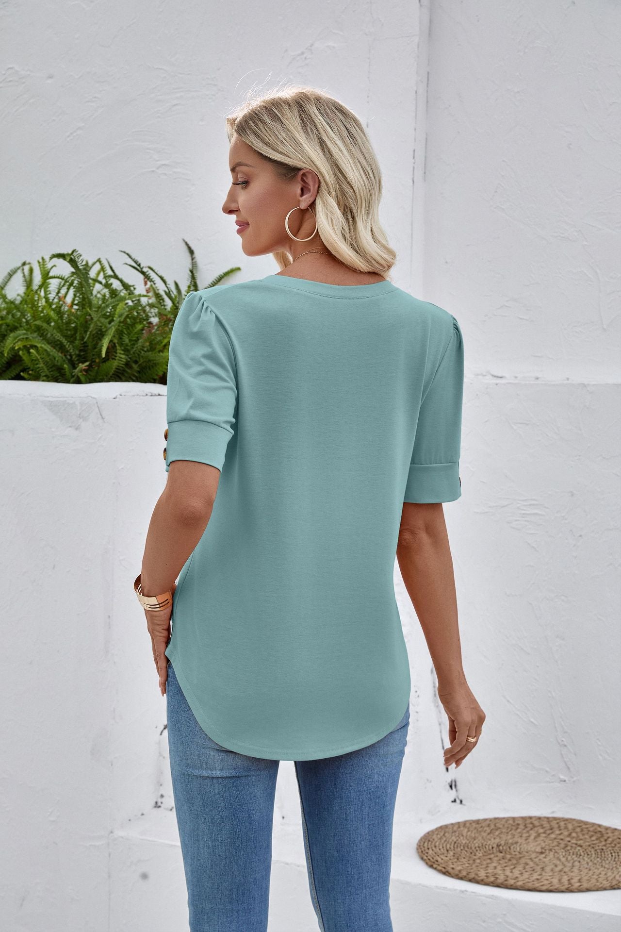 Solid Color V Neck Button Sleeve Puff Top Casual Tee