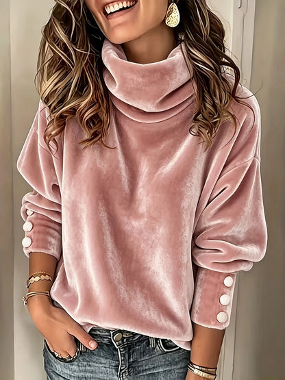 Women's Fleece Cowl Neck Button Cuff Batwing Sweatshirt